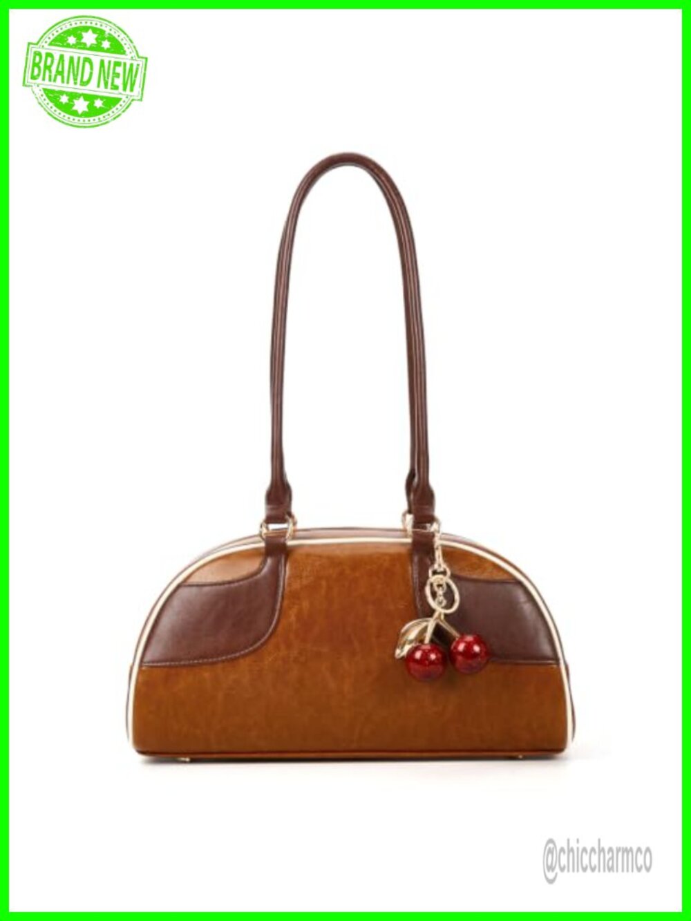 Faux Leather Bowler Shoulder Bag with Cherry Charm Vintage Purse